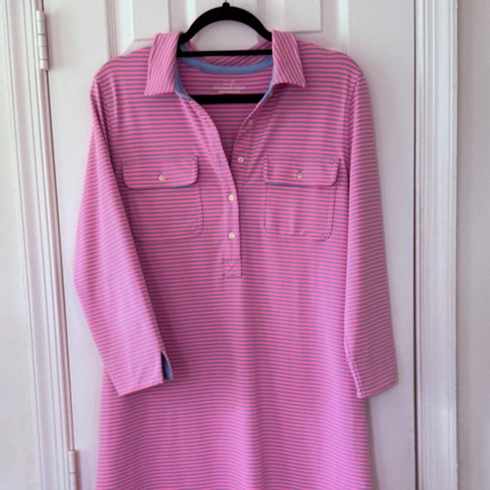 Vineyard Vines Performance UPF Striped Margot Shirt Dress Pink and Blue Size L